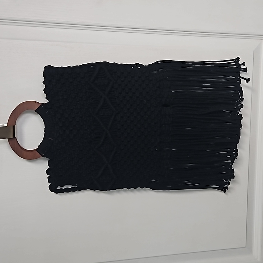 Danielle Nicole Boho Fringe Black Macrame Crossbo… - image 1